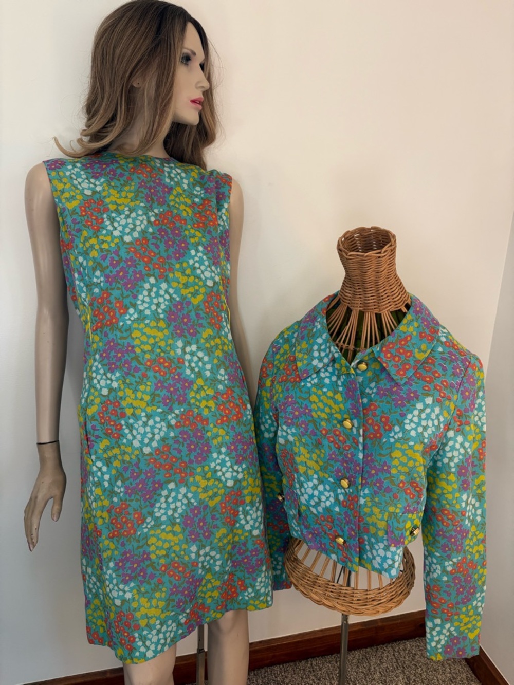 Vintage Teal Floral Midi Dress with Cropped Jacket - Picture 1 of 15